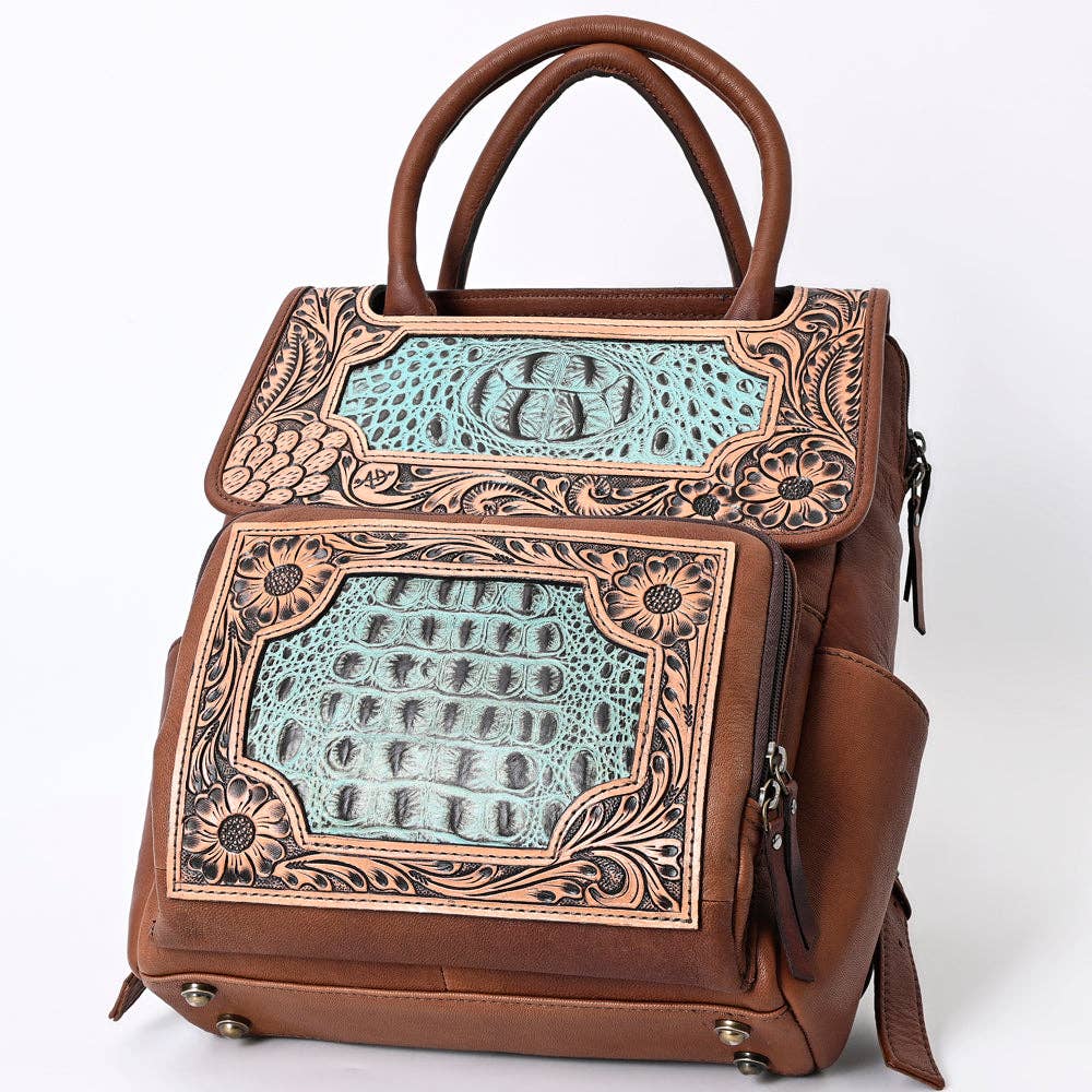 LC-ADBG1088 Hand-Tooled Turquoise Embossed Leather Western Backpack-American Darling