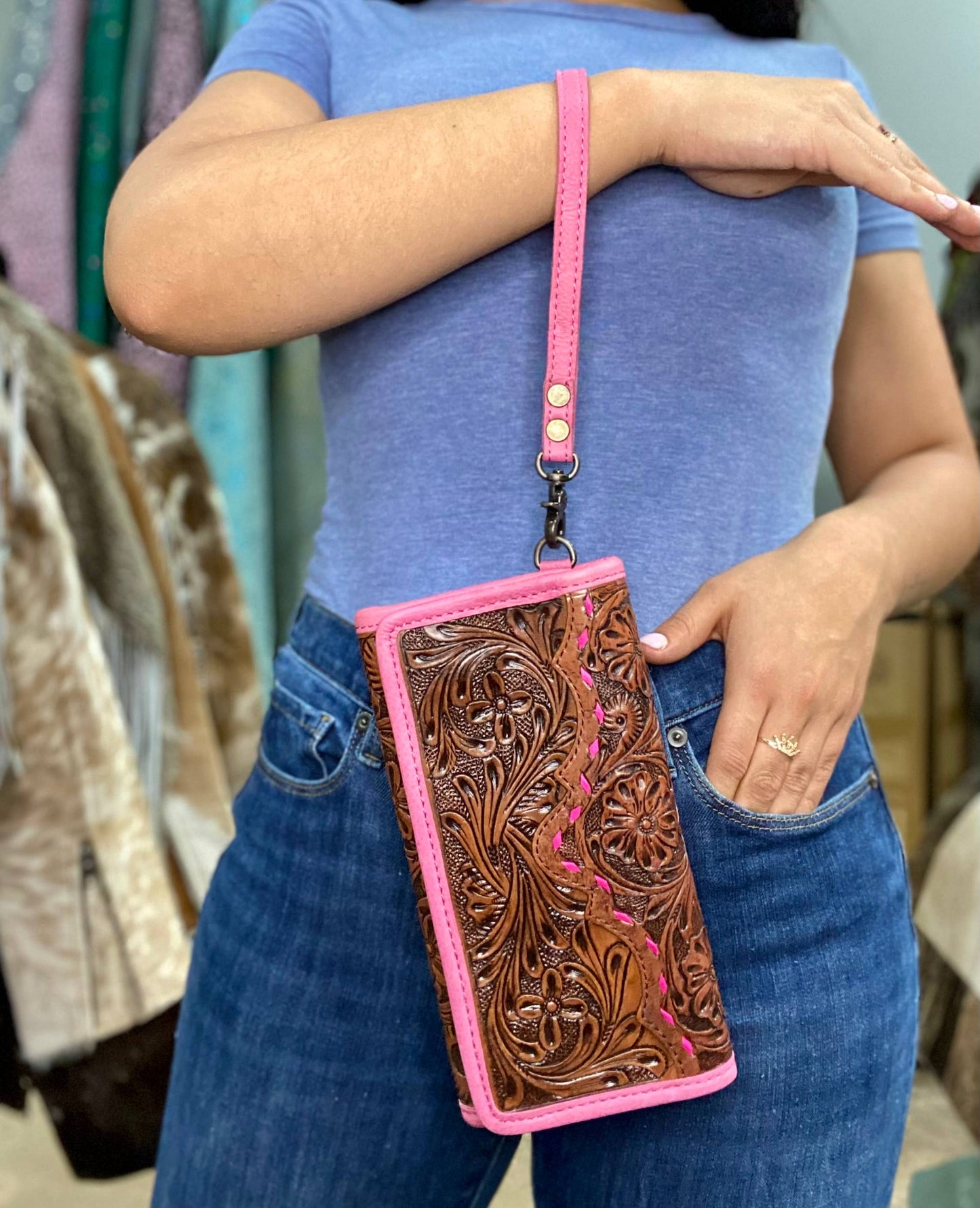 Pink Hand Tooled Leather Women's Wallet