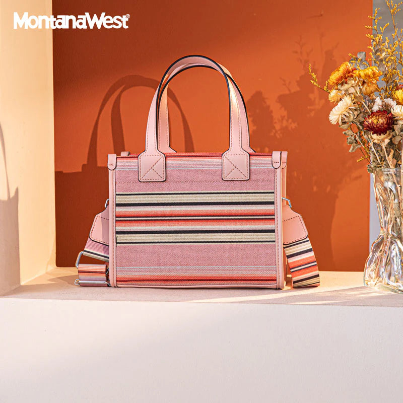 Montana West Pink and Black Tote Bag with Striped Design