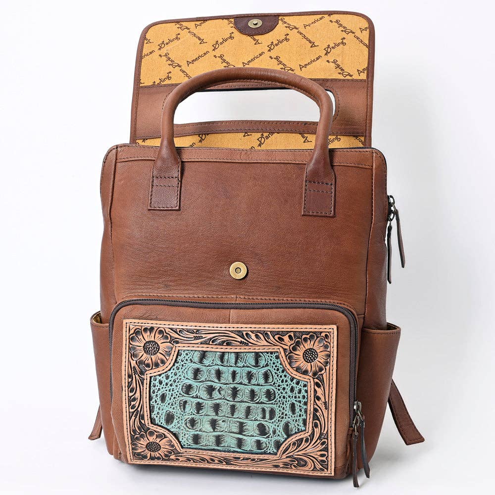 LC-ADBG1088 Hand-Tooled Turquoise Embossed Leather Western Backpack-American Darling