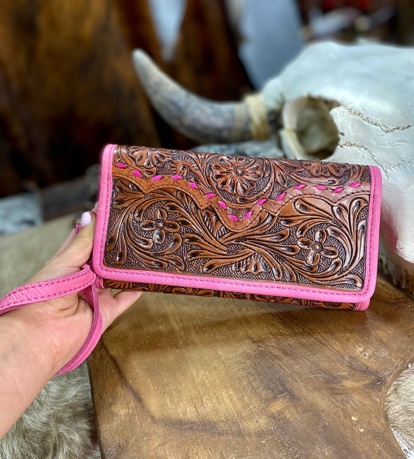 Pink Hand Tooled Leather Women's Wallet