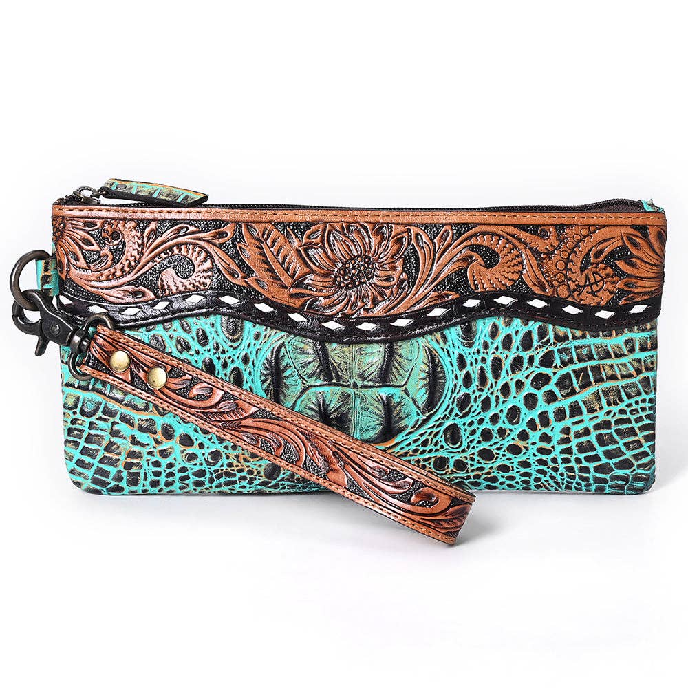 ADBG1616 Turquoise Croc-Embossed Leather Clutch with Floral Tooled Trim