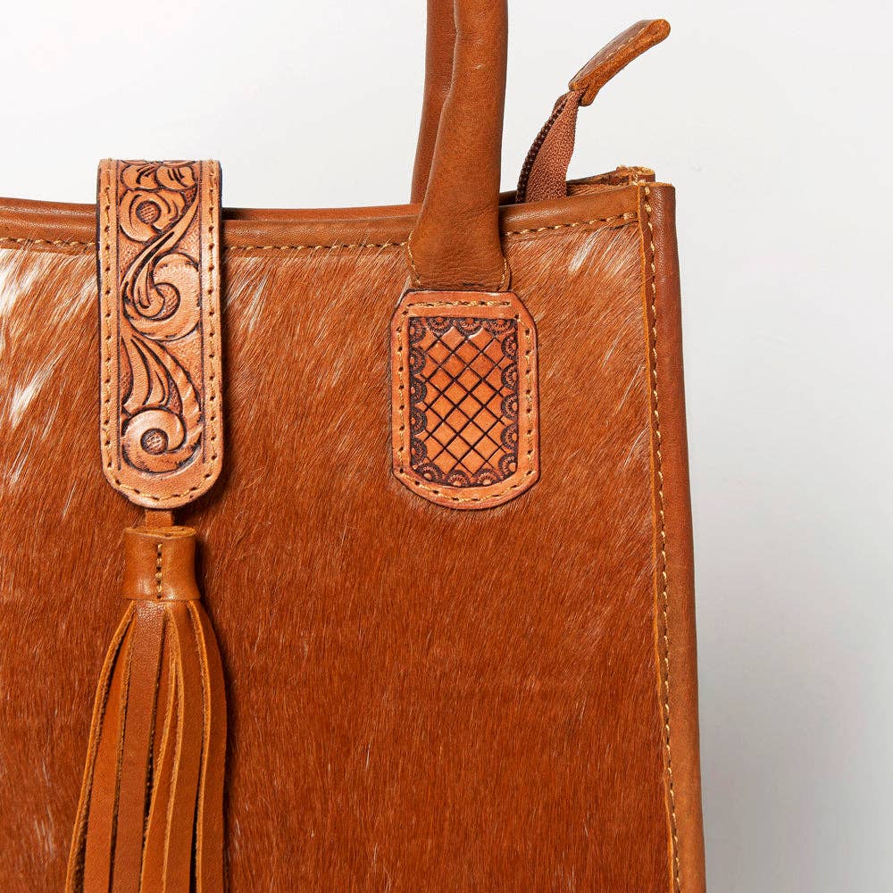 LC-ADBGA279 American Darling Cowhide Tote with Tooled Leather & Tassel Genuine Hair-On Hide