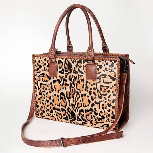 LC-ADBG229 Printed Hair-On Hide Leather Tote with Brown Strap and Stitch Detailing