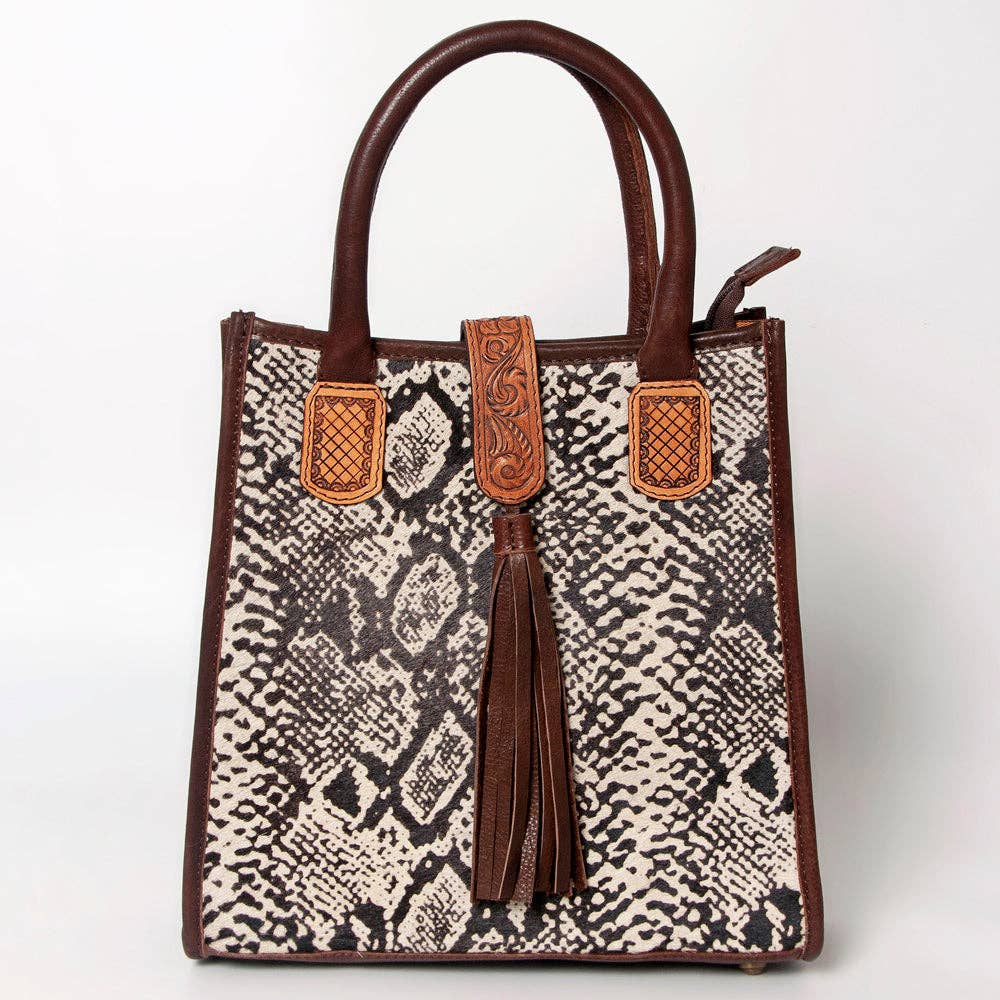 LC-ADBGA279 American Darling Cowhide Tote with Tooled Leather & Tassel Genuine Hair-On Hide