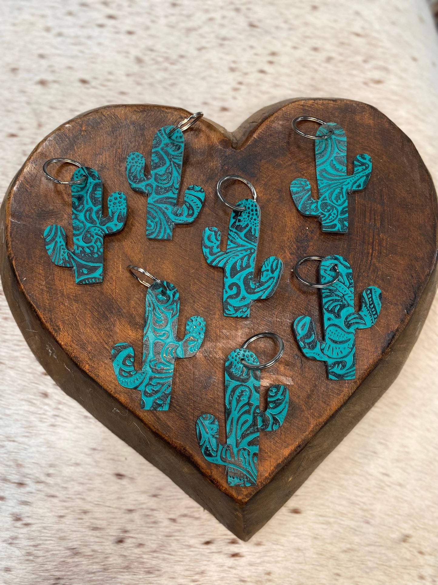 Cactus Embossed Turquoise Leather Keychain