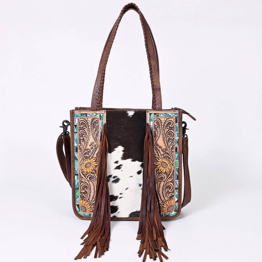 LC-ADBG1086B Western Cowhide Fringe Tote Bag with Tooled Leather Straps-Handcrafted by American Darling
