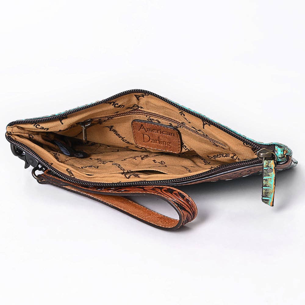 ADBG1616 Turquoise Croc-Embossed Leather Clutch with Floral Tooled Trim