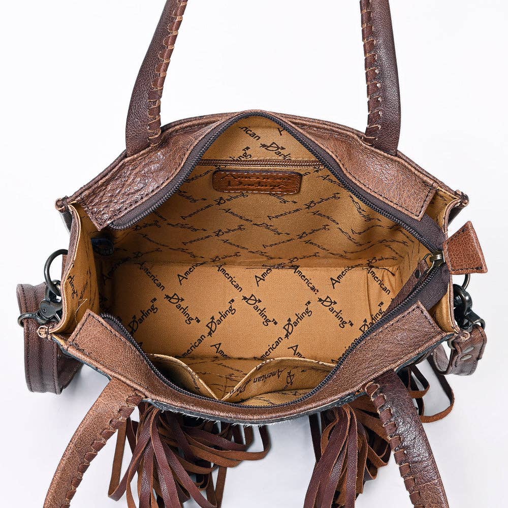 LC-ADBG1086B Western Cowhide Fringe Tote Bag with Tooled Leather Straps-Handcrafted by American Darling