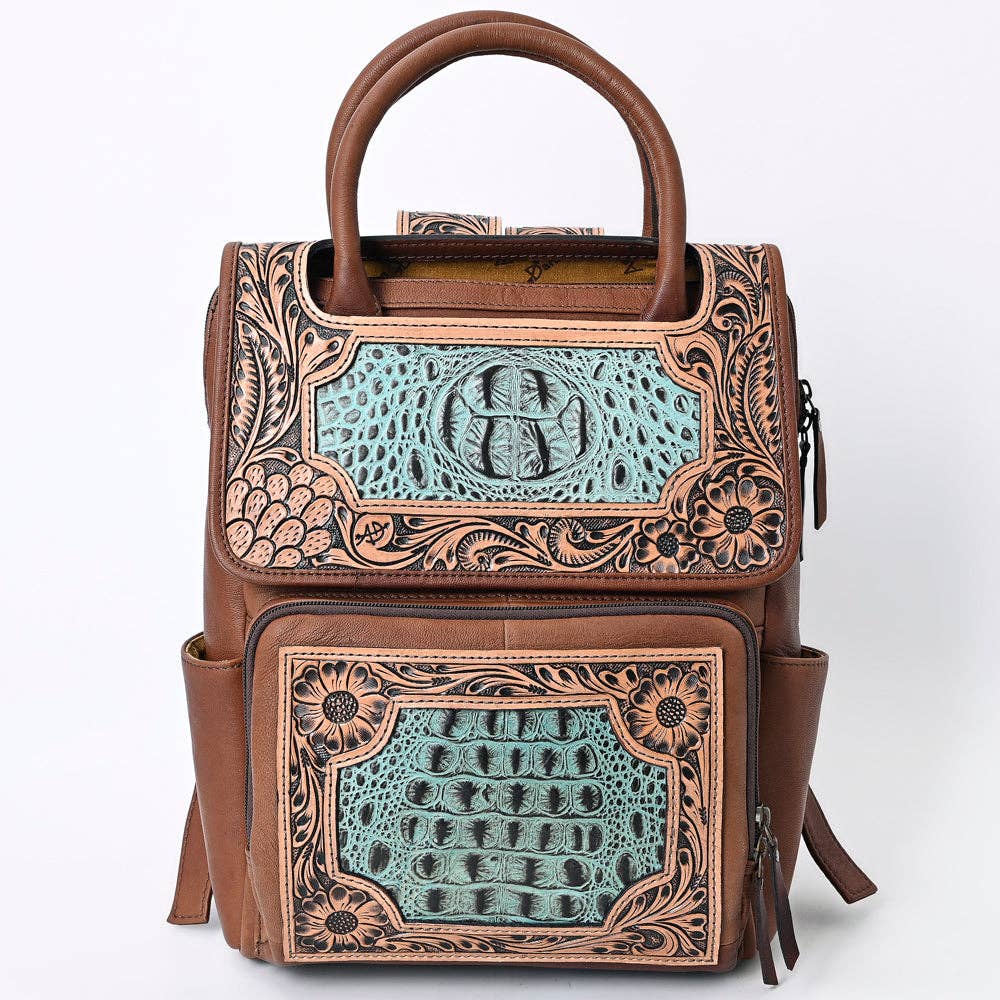 LC-ADBG1088 Hand-Tooled Turquoise Embossed Leather Western Backpack-American Darling