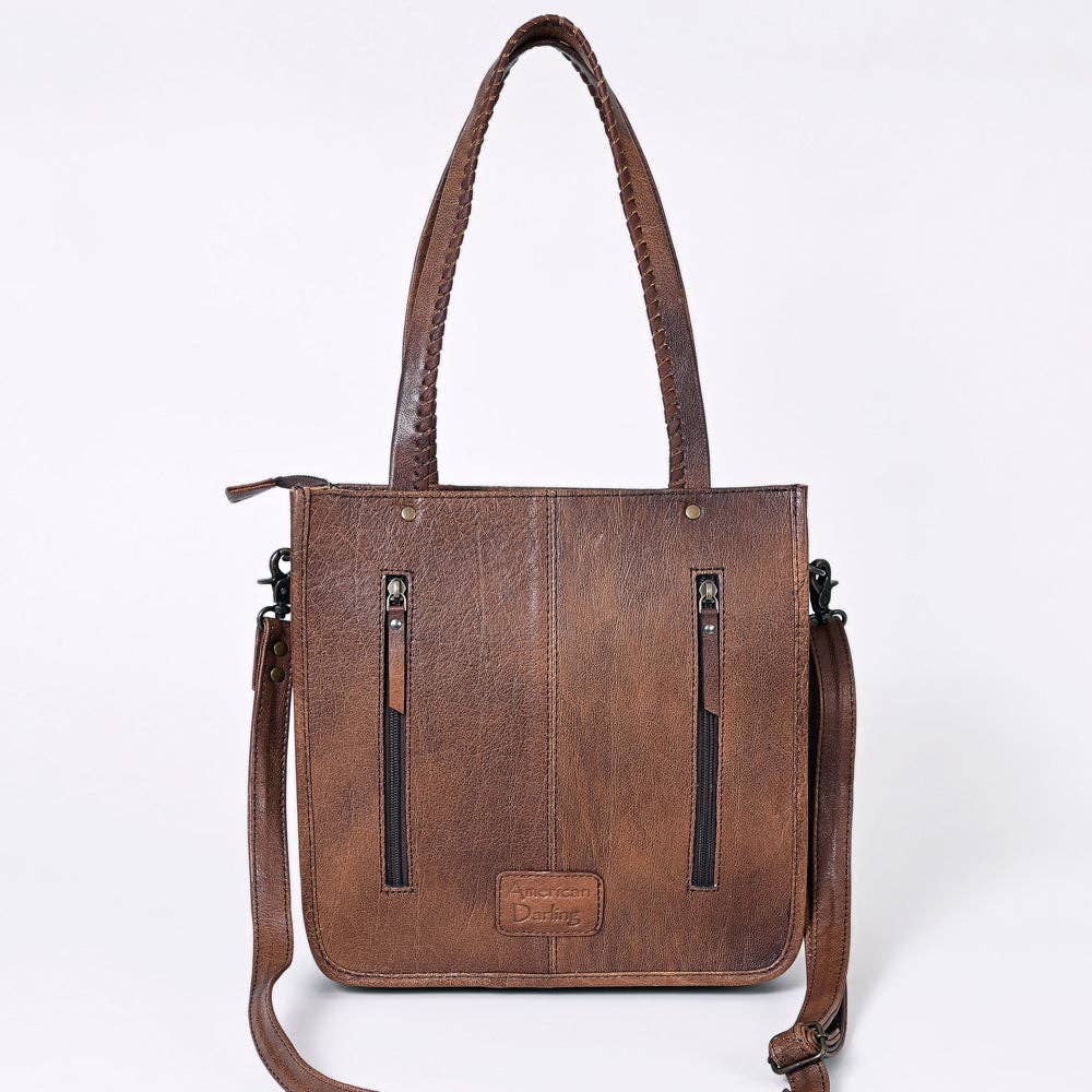 LC-ADBG1086B Western Cowhide Fringe Tote Bag with Tooled Leather Straps-Handcrafted by American Darling