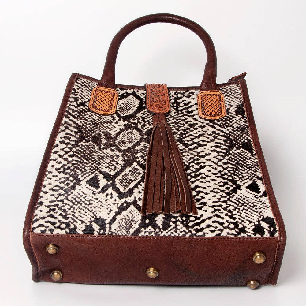 LC-ADBGA279 American Darling Cowhide Tote with Tooled Leather & Tassel Genuine Hair-On Hide