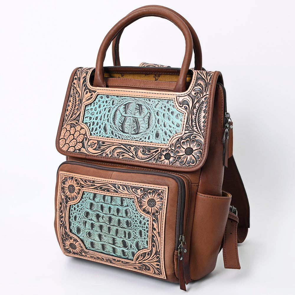 LC-ADBG1088 Hand-Tooled Turquoise Embossed Leather Western Backpack-American Darling