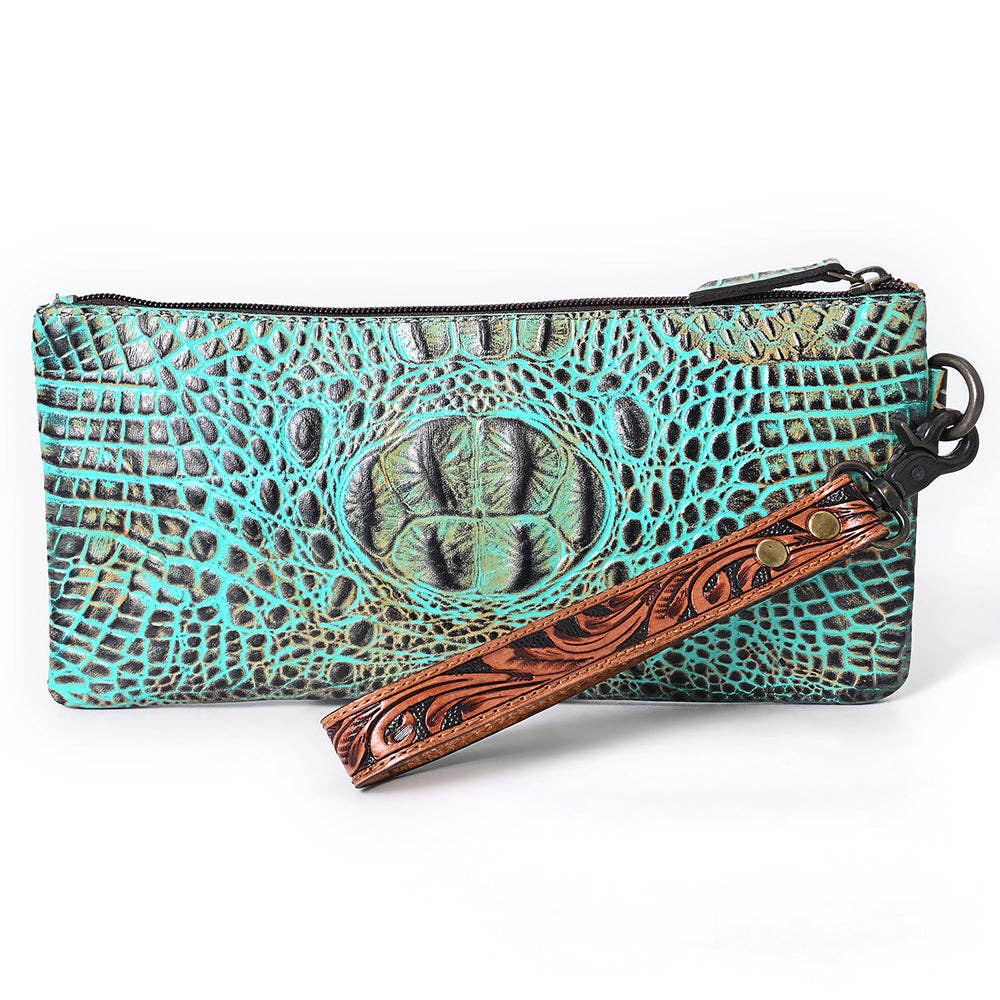 ADBG1616 Turquoise Croc-Embossed Leather Clutch with Floral Tooled Trim