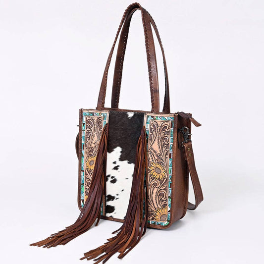 LC-ADBG1086B Western Cowhide Fringe Tote Bag with Tooled Leather Straps-Handcrafted by American Darling