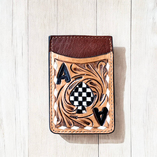 Aces tooled leather card holder 
