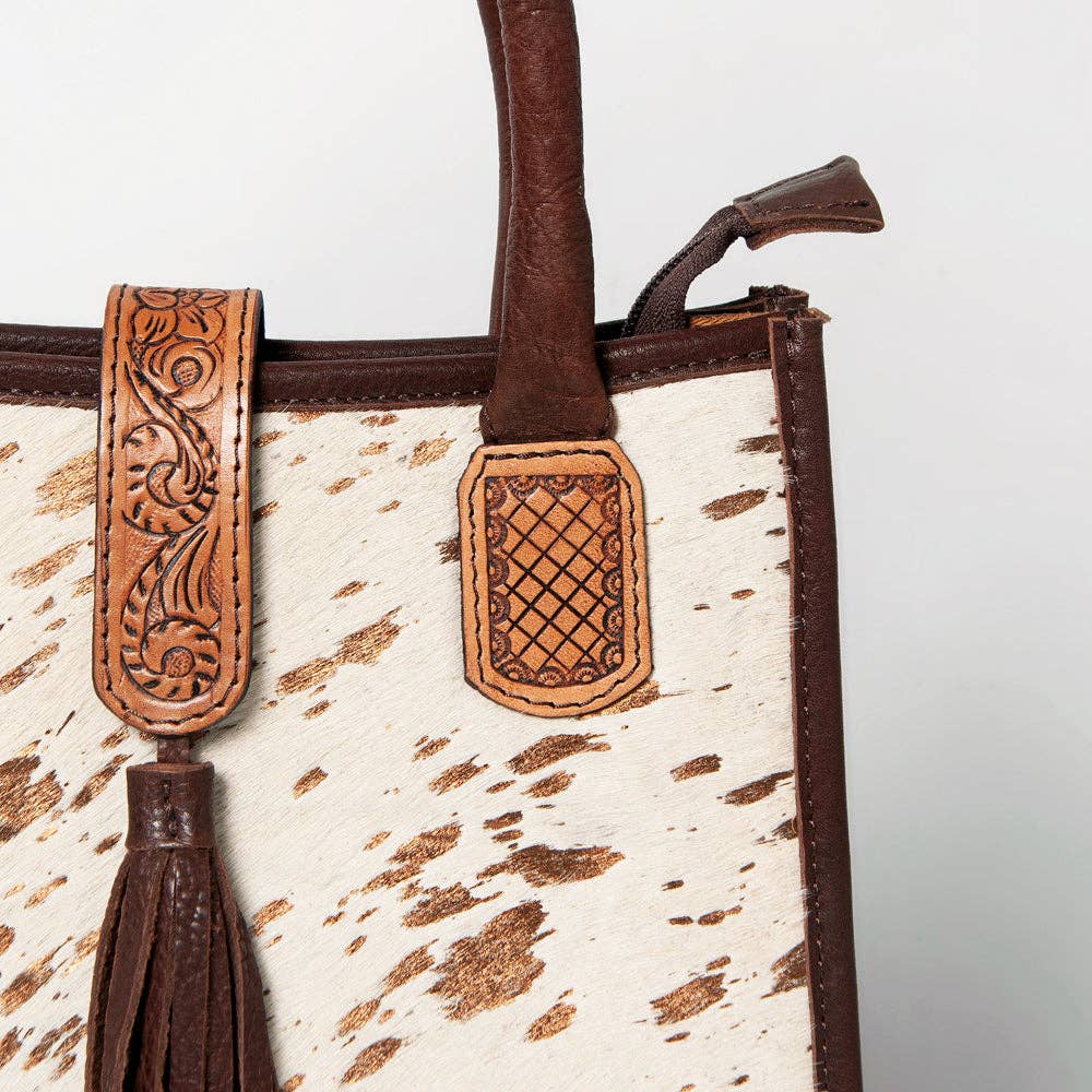 LC-ADBGA279 American Darling Cowhide Tote with Tooled Leather & Tassel Genuine Hair-On Hide
