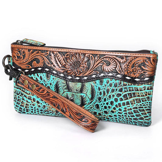 ADBG1616 Turquoise Croc-Embossed Leather Clutch with Floral Tooled Trim