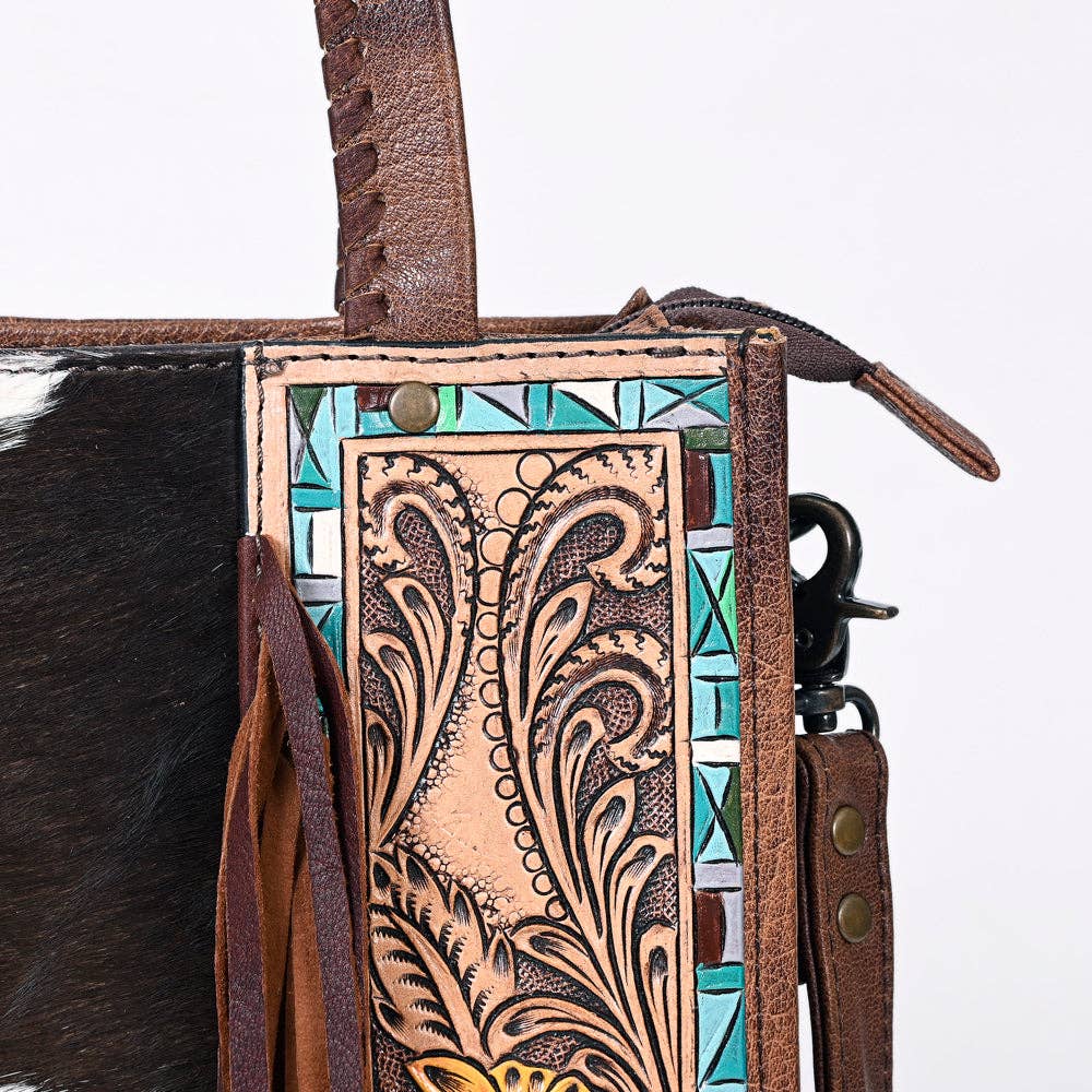 LC-ADBG1086B Western Cowhide Fringe Tote Bag with Tooled Leather Straps-Handcrafted by American Darling