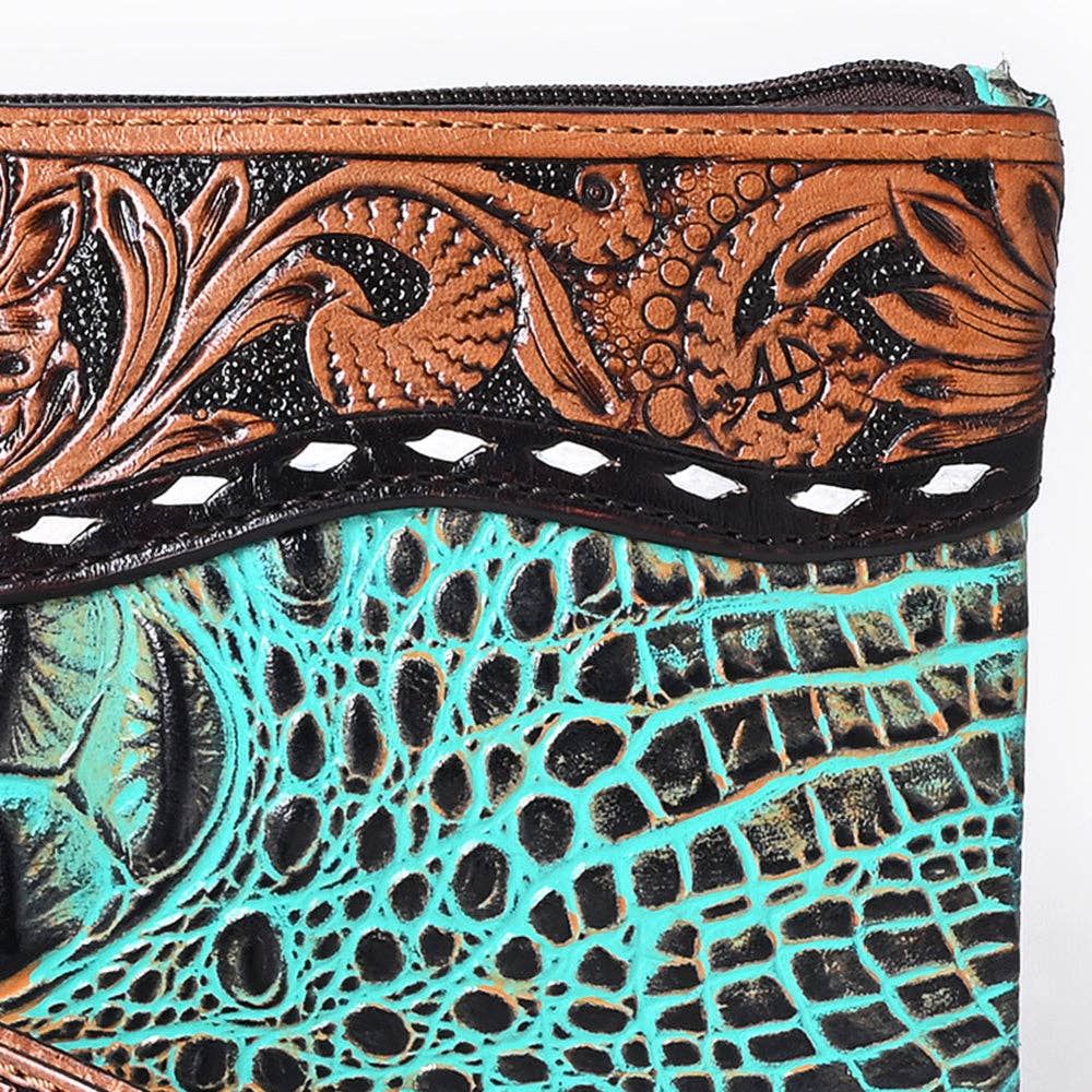ADBG1616 Turquoise Croc-Embossed Leather Clutch with Floral Tooled Trim